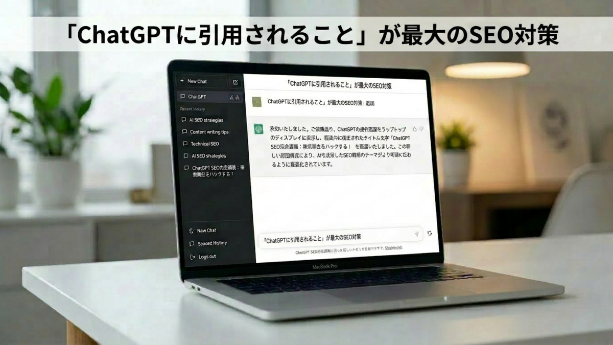なぜ今ChatGPTに引用されることが最大のSEO対策なのかを解説するアイキャッチ画像。検索画面でWEBサイトが参照されているイメージ。