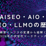 AISEO、AIO、GEO、LLMOの誕生と2026年に至るまでの歴史的変遷をまとめたタイムライン概念図